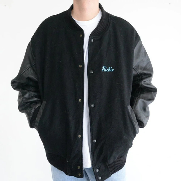 Vintage 90'S Mv Sport Black Richie's Gym Brooklyn 100% Leather And Wool Bomber - Picture 2 of 13